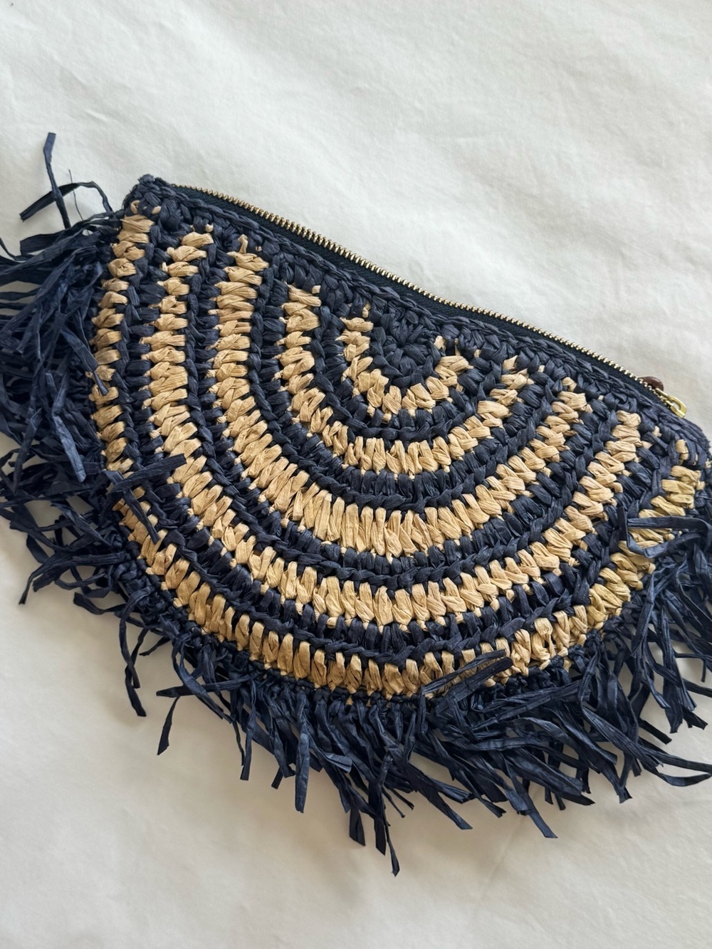 J. Crew Navy and Natural Woven Fringe Clutch